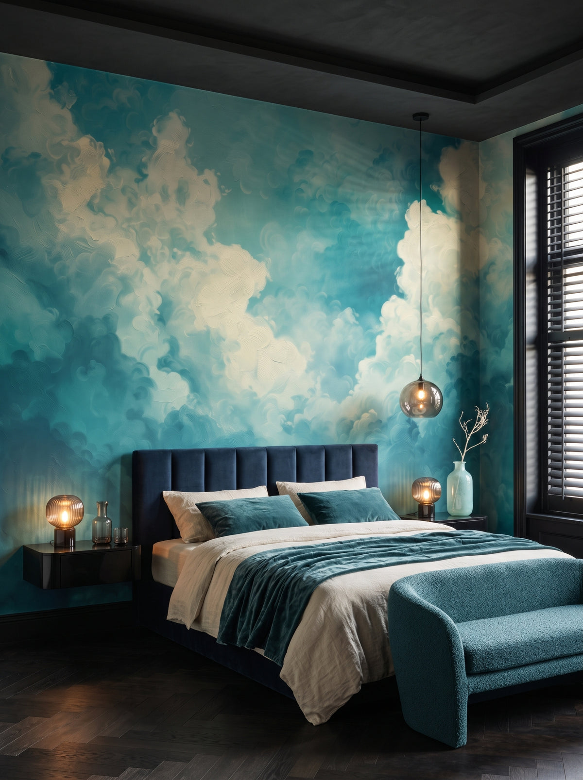 Fotomural artístico «Emerald Nebula» en un interior: dormitorio en un hotel boutique de diseño.