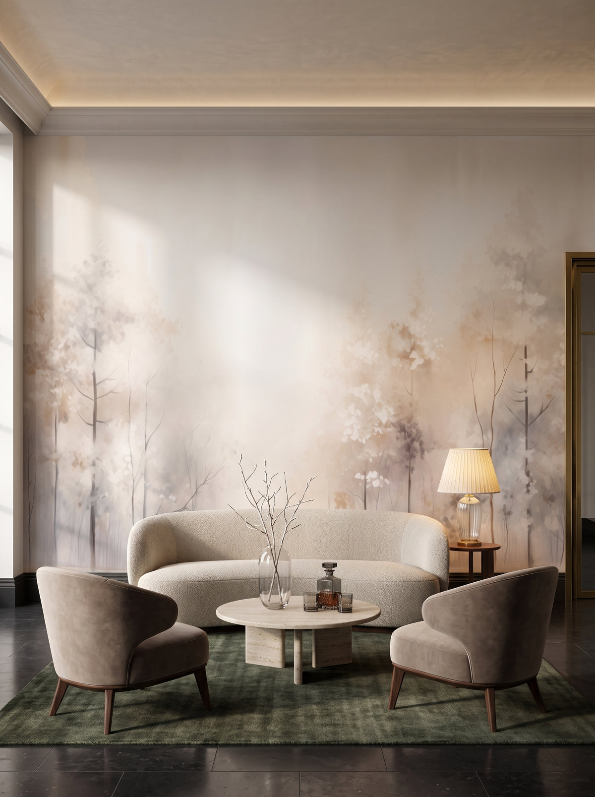 Fototapeta artystyczna o nazwie DAWN'S GENTLE EMBRACE MURAL w aranżacji wnętrza: lobby lounge butikowego hotelu designerskiego.