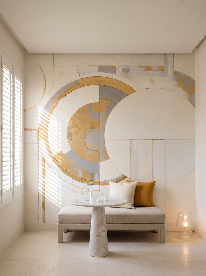 Fototapeta artystyczna o nazwie CIRCULAR DIVINITY IN GOLD w aranżacji wnętrza: kącik śniadaniowy w willi na Lazurowym Wybrzeżu.