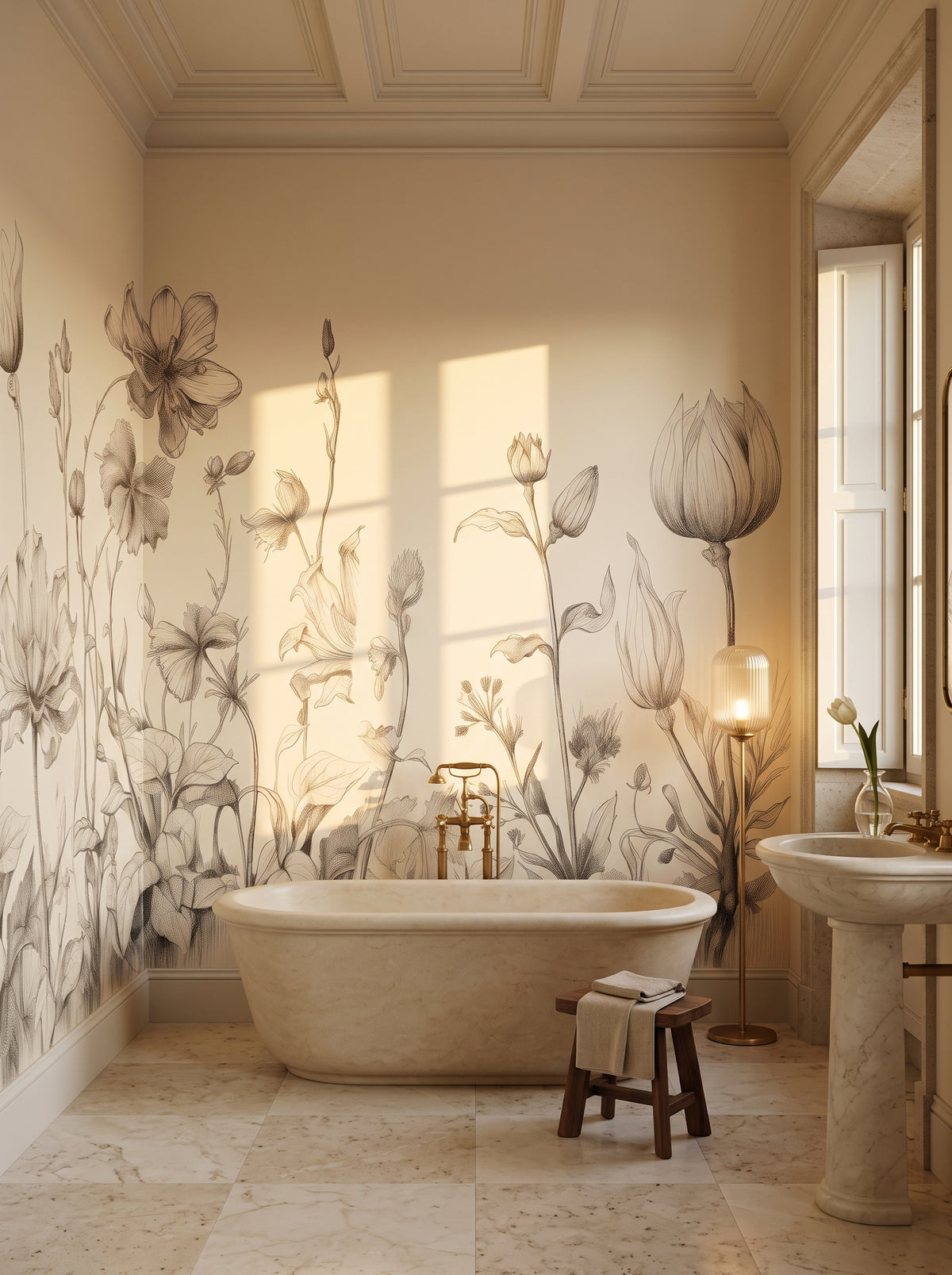 Papier peint panoramique artistique « Gentle Tulips » dans un intérieur : salle de bains dans un palazzo romain.