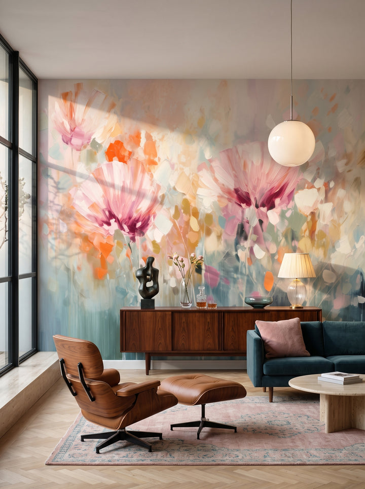 Fototapeta artystyczna o nazwie Serene Lily Elegance w aranżacji wnętrza: salon kolekcjonera w stylu mid-century modern.