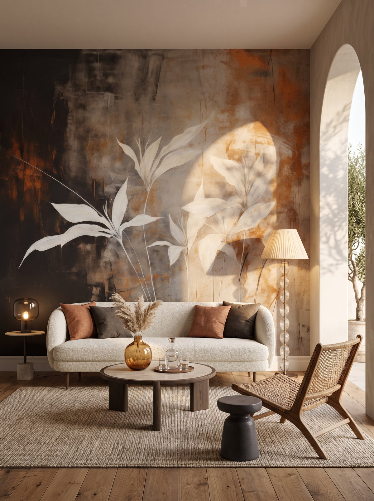 Fototapeta artystyczna o nazwie Modern Botanicals w aranżacji wnętrza: salon w stylu wyrafinowanego boho z tarasem.
