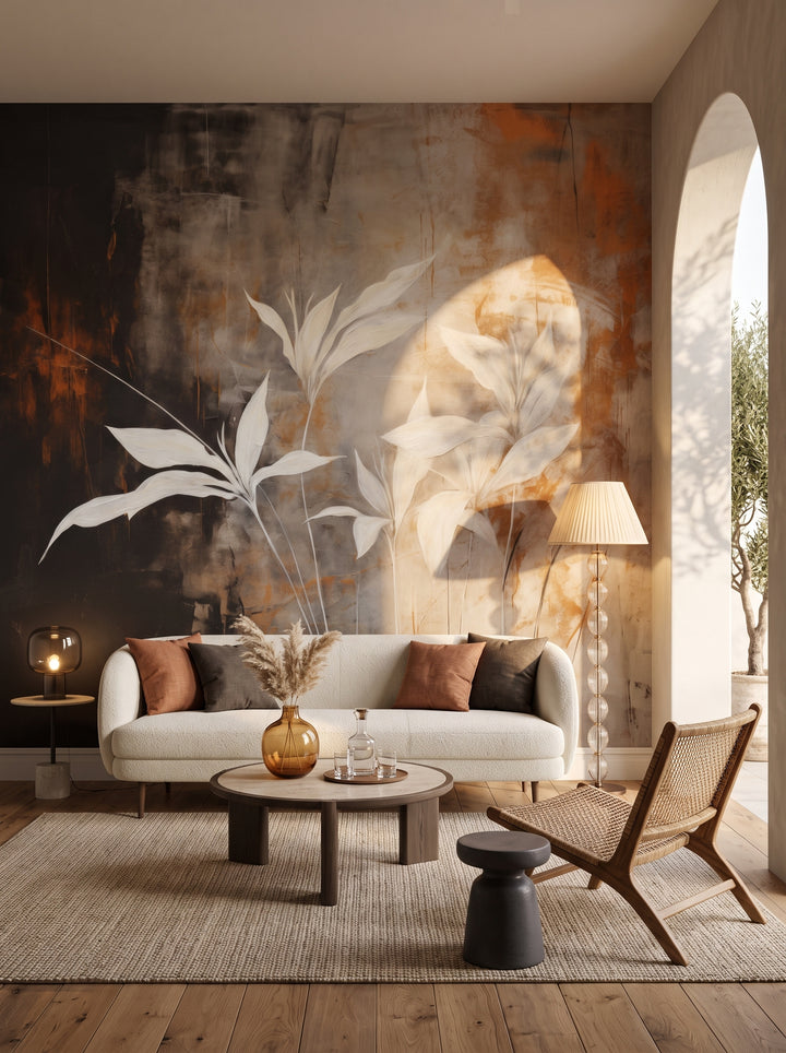 Fototapeta artystyczna o nazwie Modern Botanicals w aranżacji wnętrza: salon w stylu wyrafinowanego boho z tarasem.