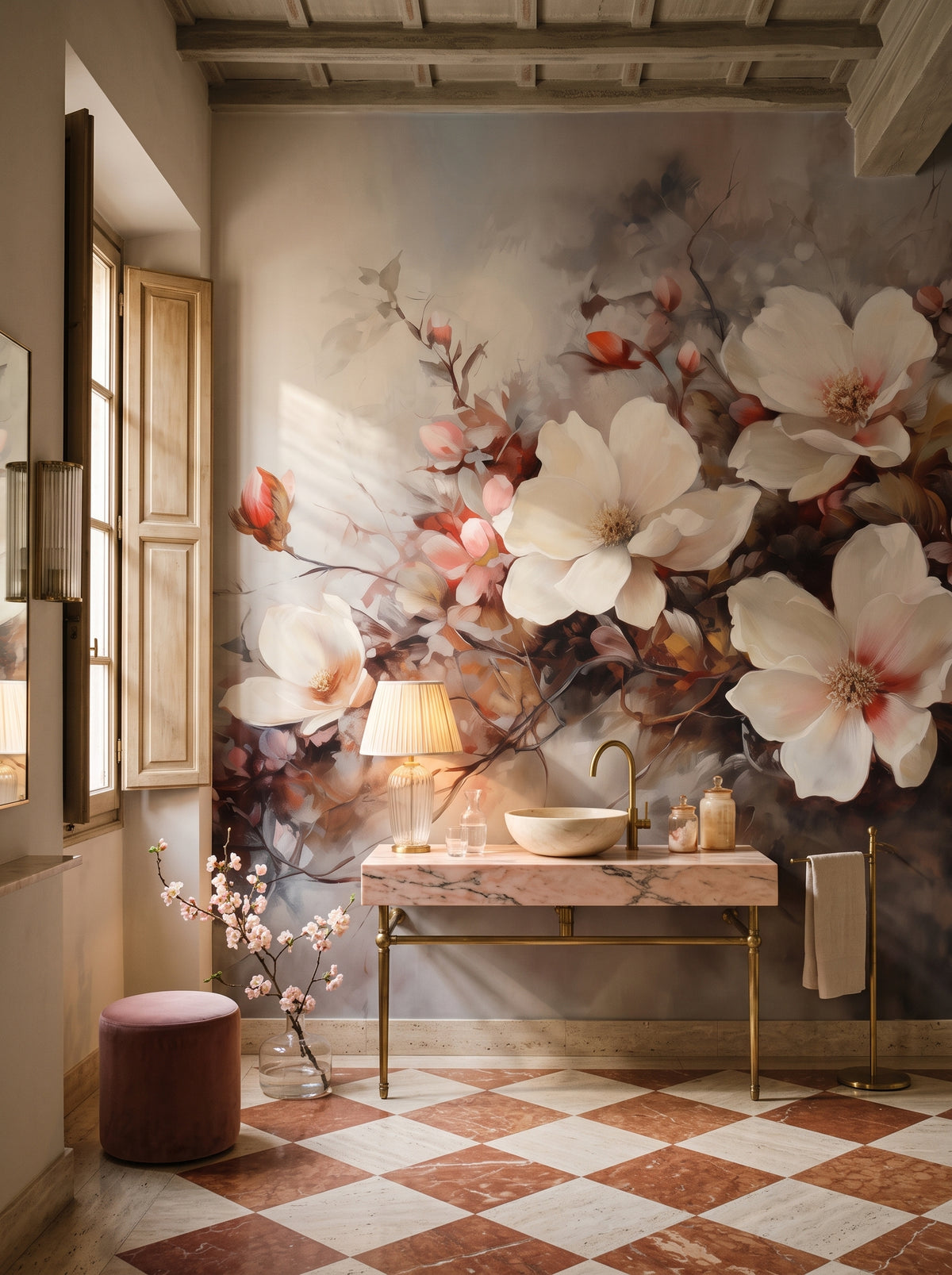 Fototapeta artystyczna o nazwie Misty Blossom Haze w aranżacji wnętrza: łazienka w rzymskim palazzo.