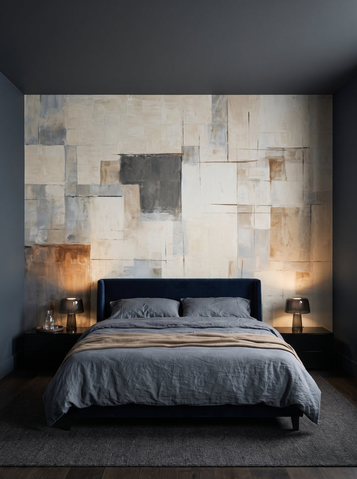 Fototapeta artystyczna o nazwie Textured Harmony w aranżacji wnętrza: ciemna, otulająca sypialnia w hotelu designerskim.