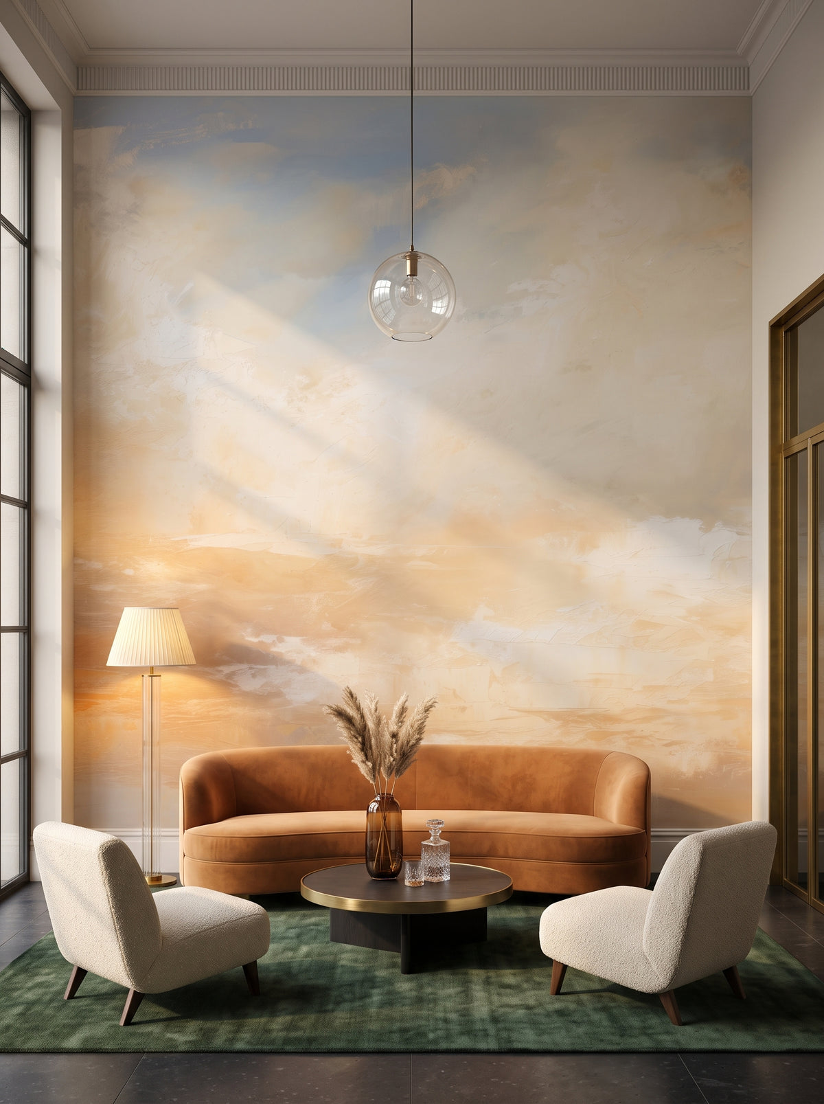 Fototapeta artystyczna o nazwie DAWNING LIGHT ABSTRACTION w aranżacji wnętrza: lobby lounge w butikowym hotelu designerskim.