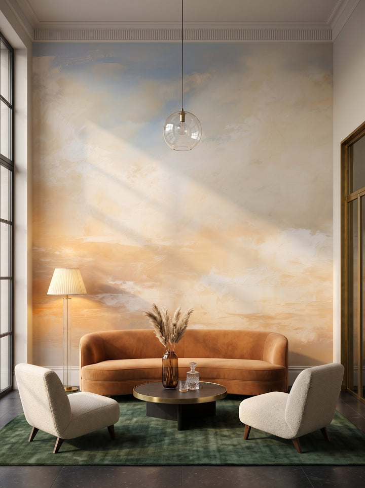 Fototapeta artystyczna o nazwie DAWNING LIGHT ABSTRACTION w aranżacji wnętrza: lobby lounge w butikowym hotelu designerskim.