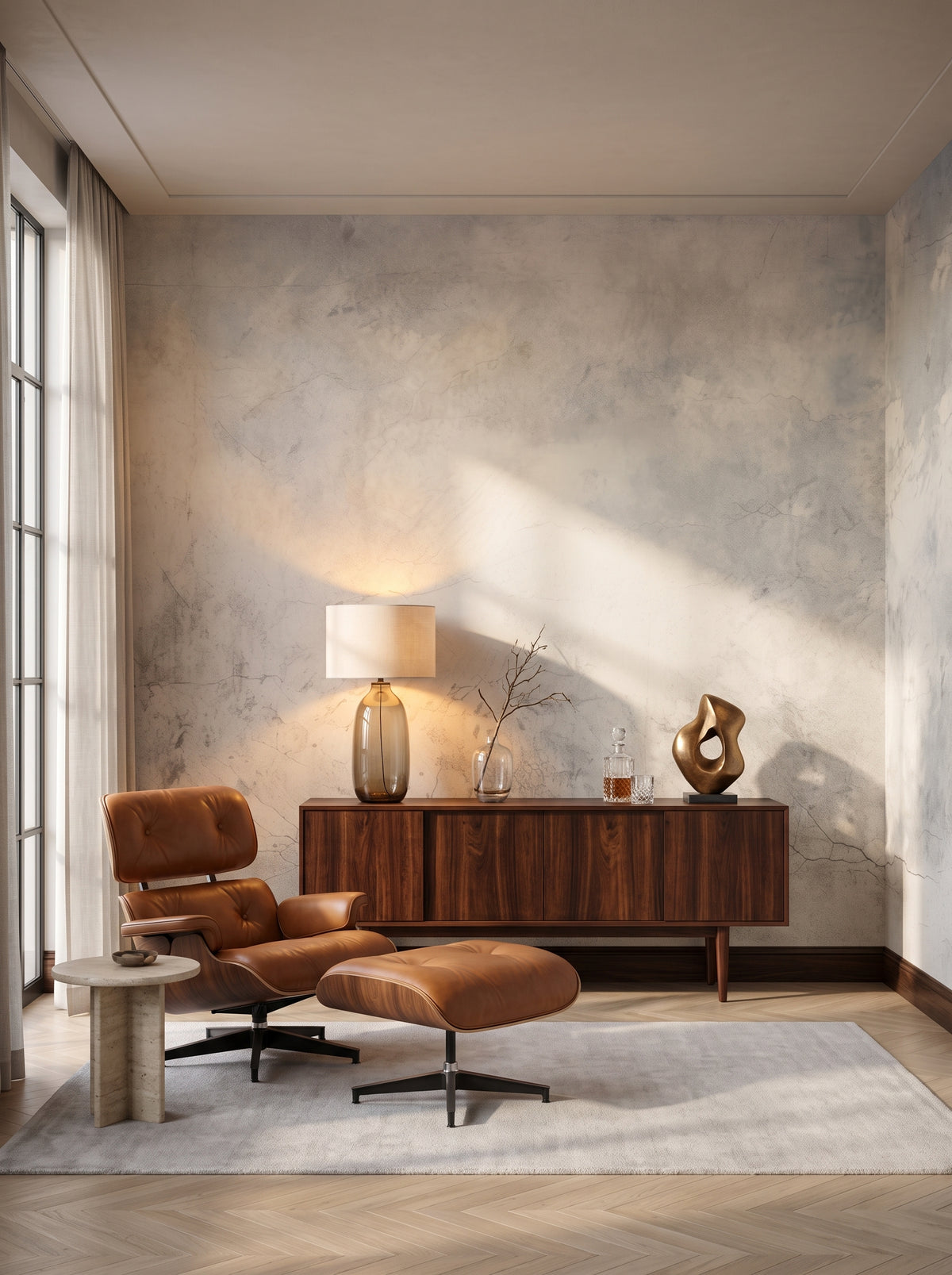 Künstlerische Fototapete „MARBLE SKIES“ im Interieur: Wohnzimmer eines Sammlers im Mid-Century-Modern-Stil.