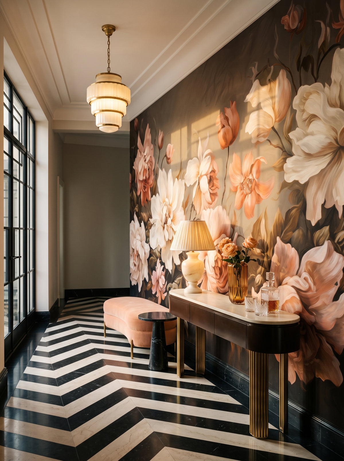 Fototapeta artystyczna o nazwie Autumn Rose Elegance w aranżacji wnętrza: galeria wejściowa w apartamencie Art Deco.