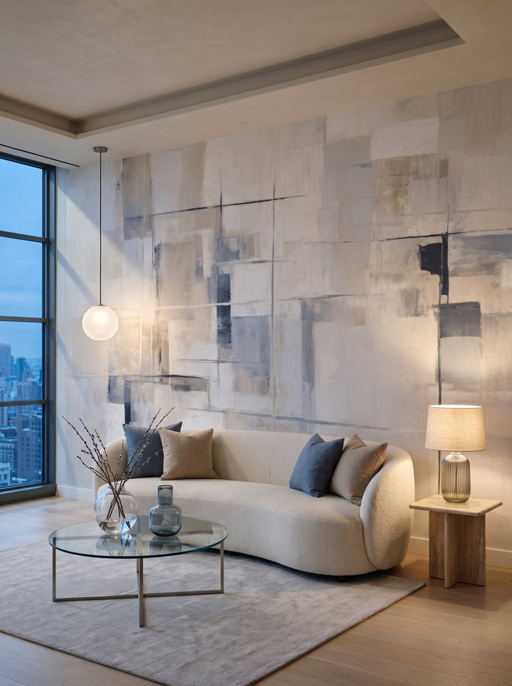 Fototapeta artystyczna o nazwie Blue Elegance w aranżacji wnętrza: salon w penthousie na Manhattanie.