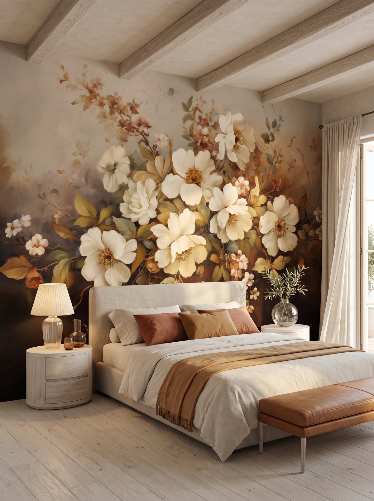 Fototapeta artystyczna o nazwie Golden Floral Array w aranżacji wnętrza: sypialnia w nadmorskiej rezydencji.