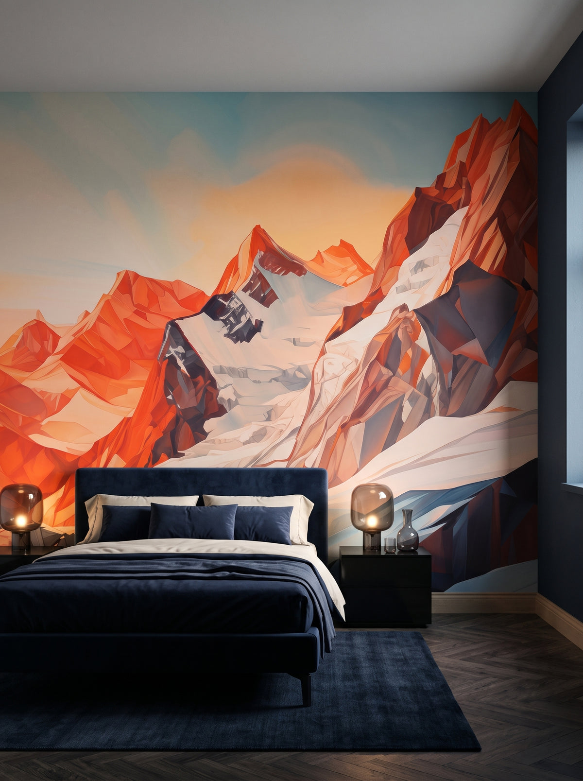 Fototapeta artystyczna o nazwie Geometric Dawn w aranżacji wnętrza: ciemna, otulająca sypialnia w hotelu projektanckim.