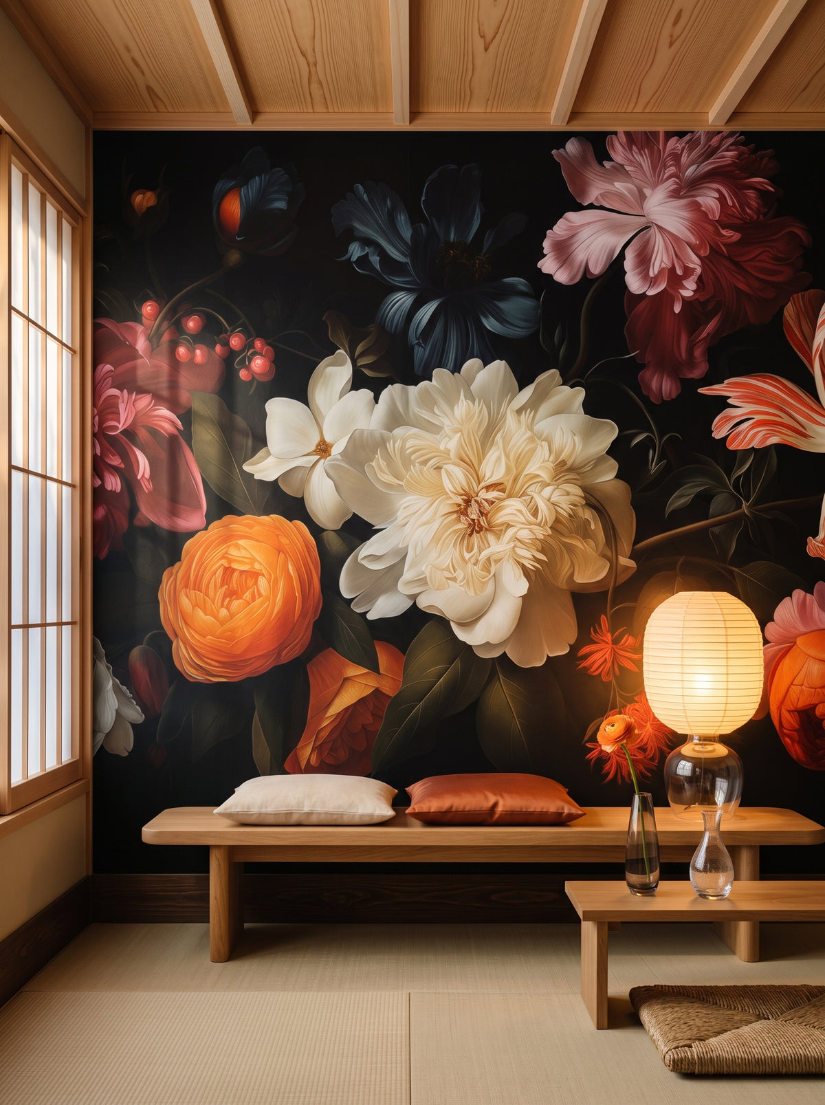 Fototapeta artystyczna o nazwie Baroque Flower Scene w aranżacji wnętrza: hotelowy salonik w korytarzu w Kioto.