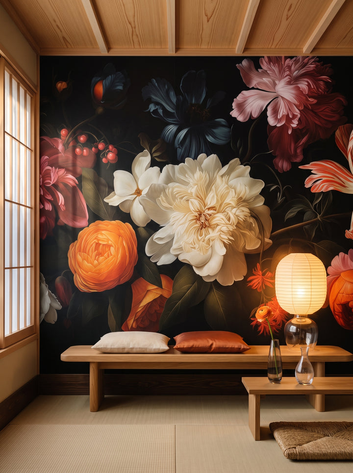 Fototapeta artystyczna o nazwie Baroque Flower Scene w aranżacji wnętrza: hotelowy salonik w korytarzu w Kioto.
