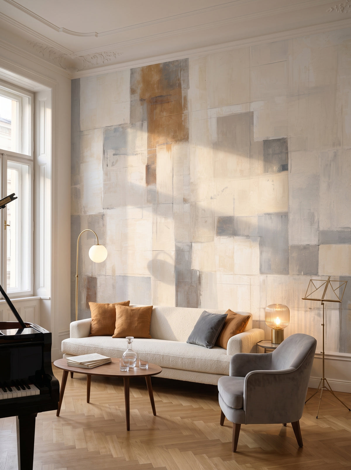 Fototapeta artystyczna o nazwie Abstract Calm w aranżacji wnętrza: pokój muzyczny w wiedeńskiej kamienicy.