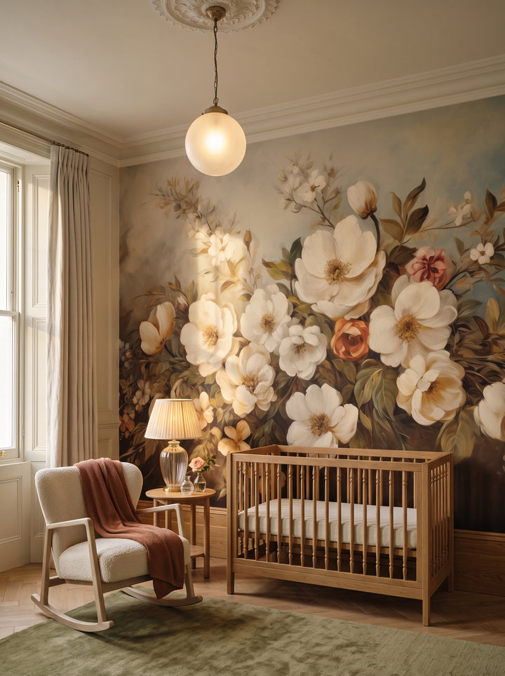 Fototapeta artystyczna o nazwie Gentle Floral Haze w aranżacji wnętrza: pokój dziecięcy w eleganckiej kamienicy.