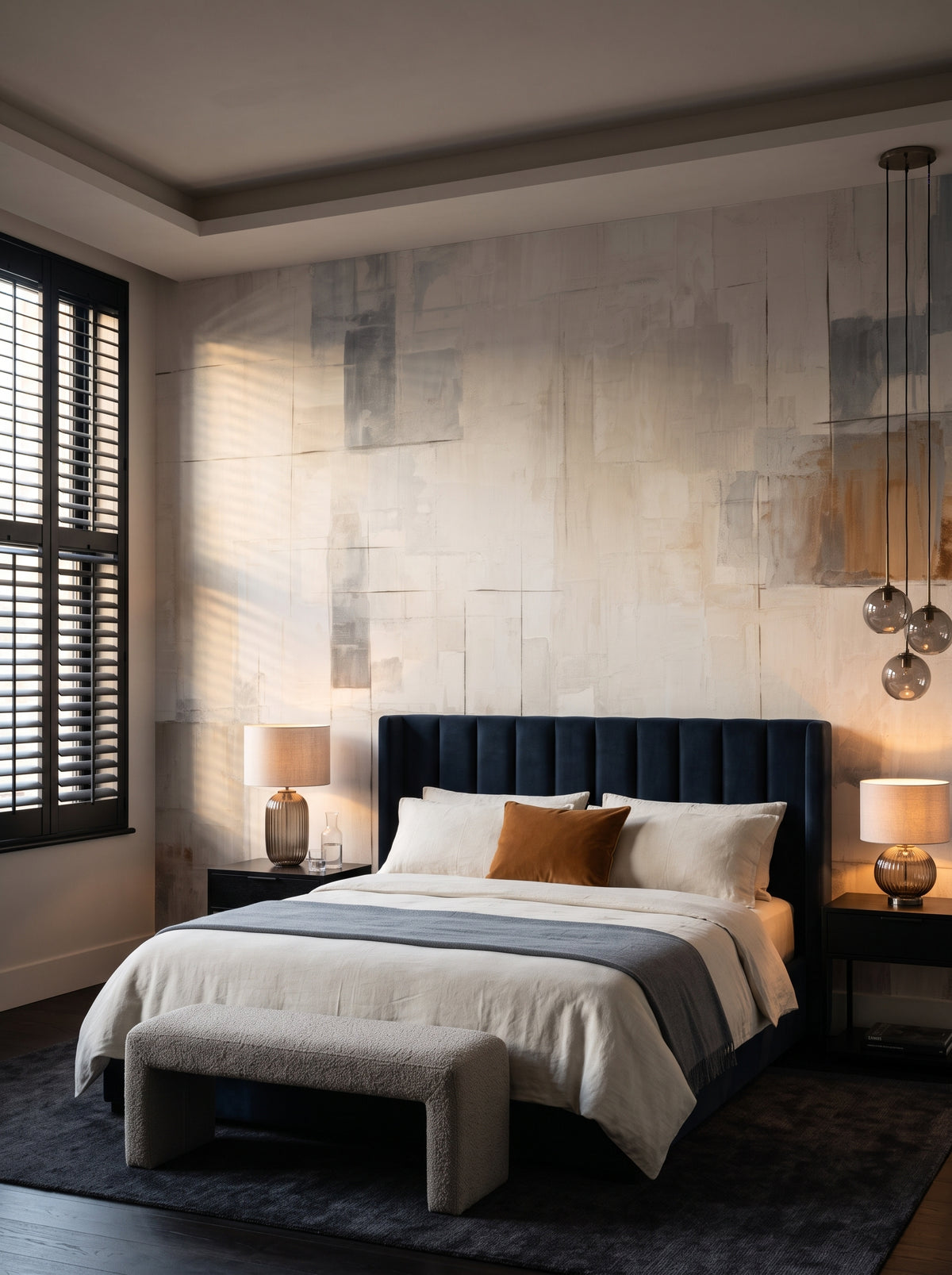 Fototapeta artystyczna o nazwie Crisp Edges w aranżacji wnętrza: sypialnia w apartamencie hotelu designerskiego.