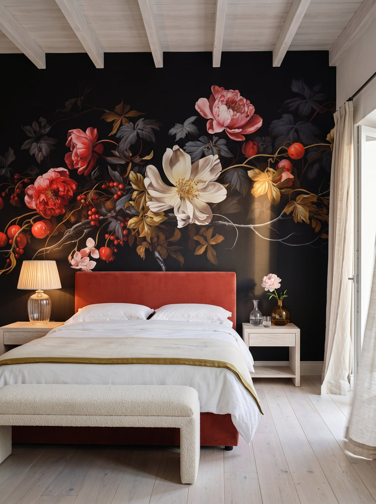 Fototapeta artystyczna o nazwie Midnight Bloom w aranżacji wnętrza: sypialnia w nadmorskiej rezydencji.