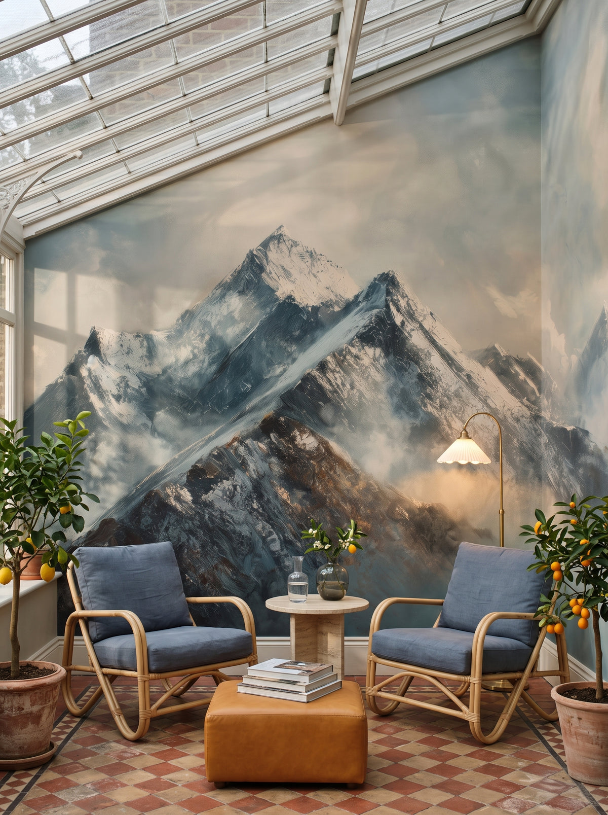 Papier peint panoramique artistique « Frosty Peaks » dans un intérieur : salle de lecture dans une orangerie victorienne.