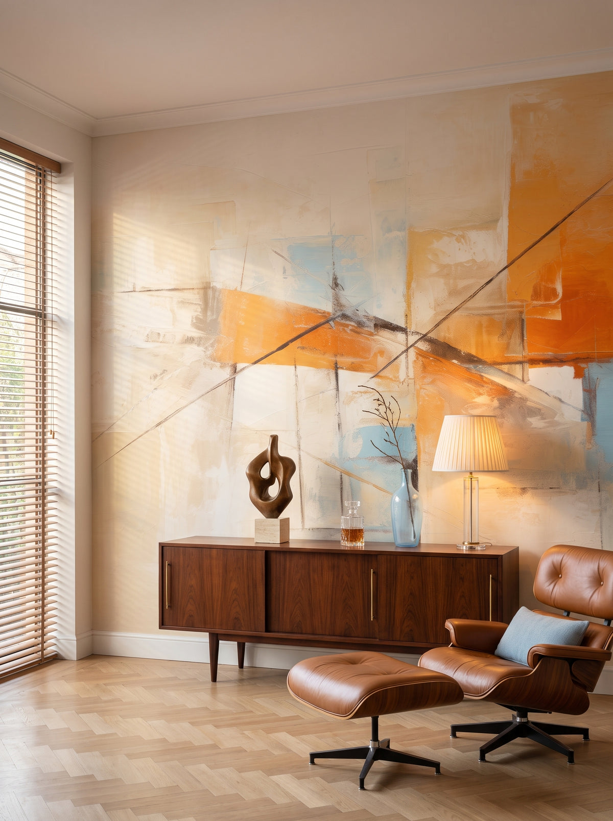 Künstlerische Fototapete „Citrus Linearity“ im Interieur: Wohnzimmer eines Sammlers im Mid-Century-Modern-Stil.