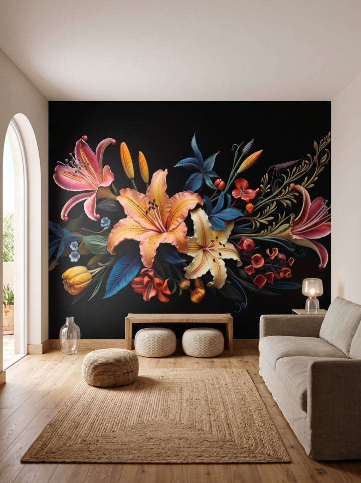 Fototapeta artystyczna o nazwie Tropical Splendor w aranżacji wnętrza: salon w stylu boho z łukowym przejściem na taras.