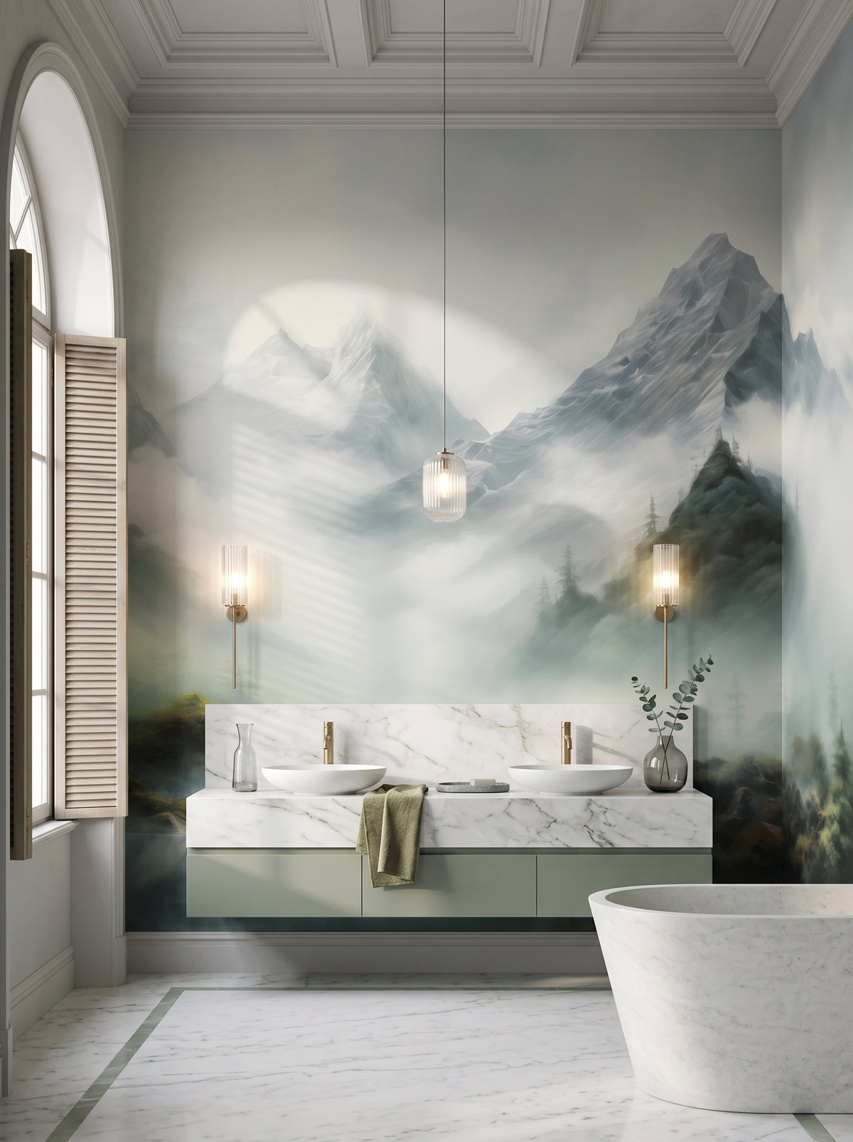 Papier peint panoramique artistique « Enchanted Valley » dans un intérieur : salle de bains dans un palazzo romain.