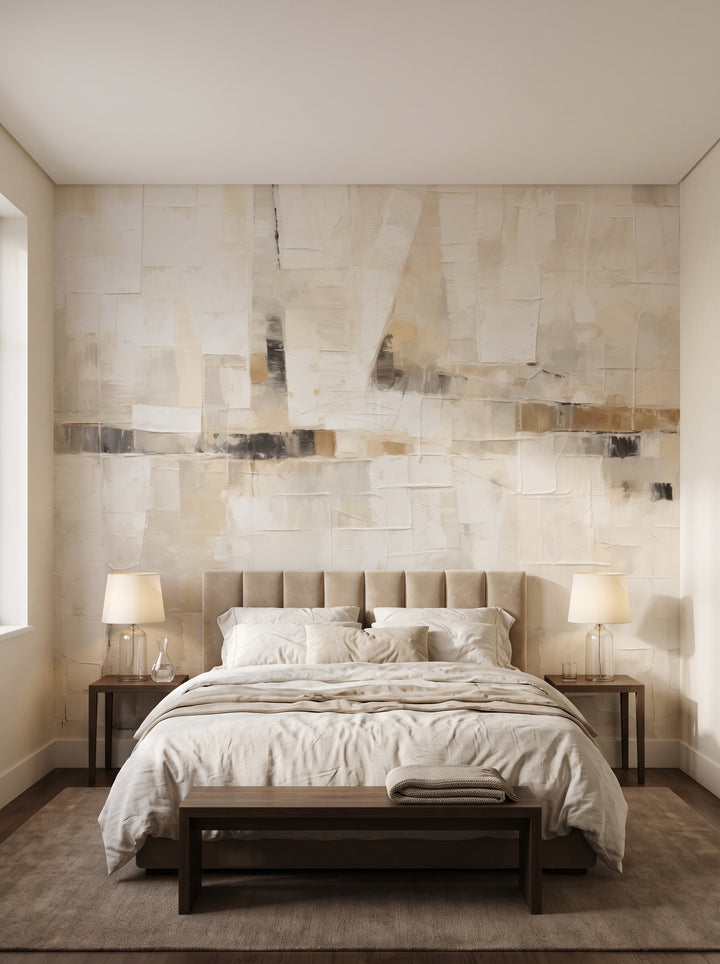 Fototapeta artystyczna o nazwie Harmony in Neutrals w aranżacji wnętrza: apartament w pięciogwiazdkowym hotelu w stylu quiet luxury.