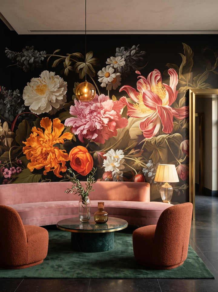 Fototapeta artystyczna o nazwie Golden Age Flowers w aranżacji wnętrza: lounge w lobby butikowego hotelu.