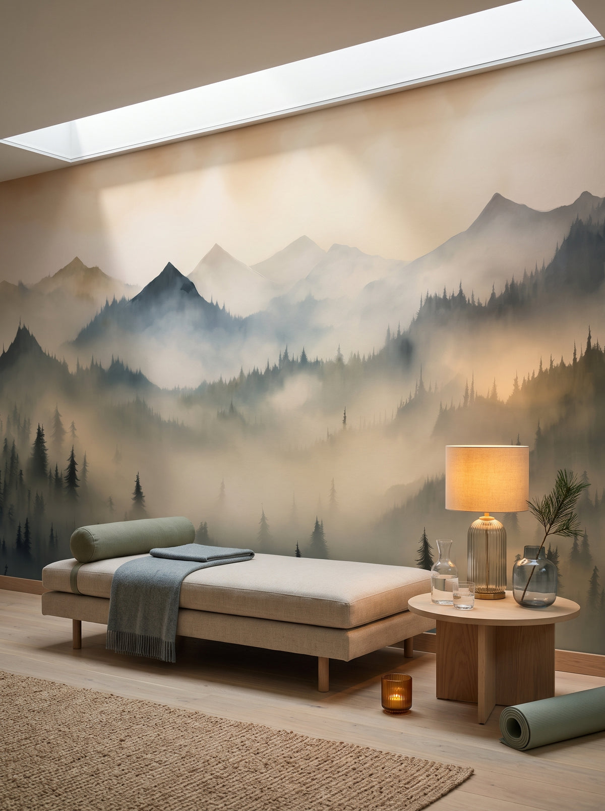 Fototapeta artystyczna o nazwie Misty Mountain Layers w aranżacji wnętrza: prywatny pokój wellness w nowoczesnej rezydencji.