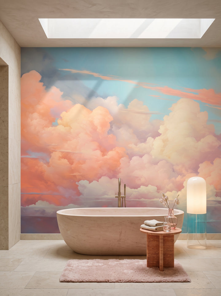 Fototapeta artystyczna o nazwie Cotton Candy Skies w aranżacji wnętrza: łazienka spa w luksusowej rezydencji.