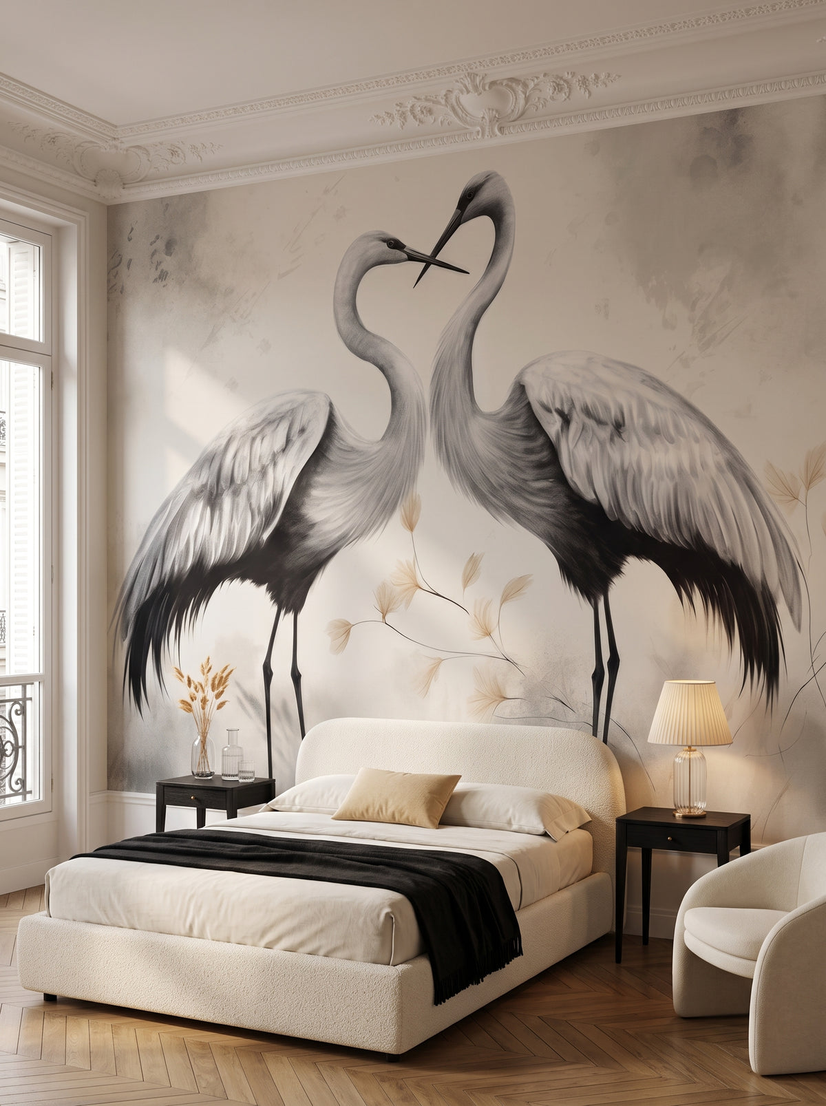 Fototapeta artystyczna o nazwie Harmonious Whisper w aranżacji wnętrza: sypialnia w paryskim apartamencie.