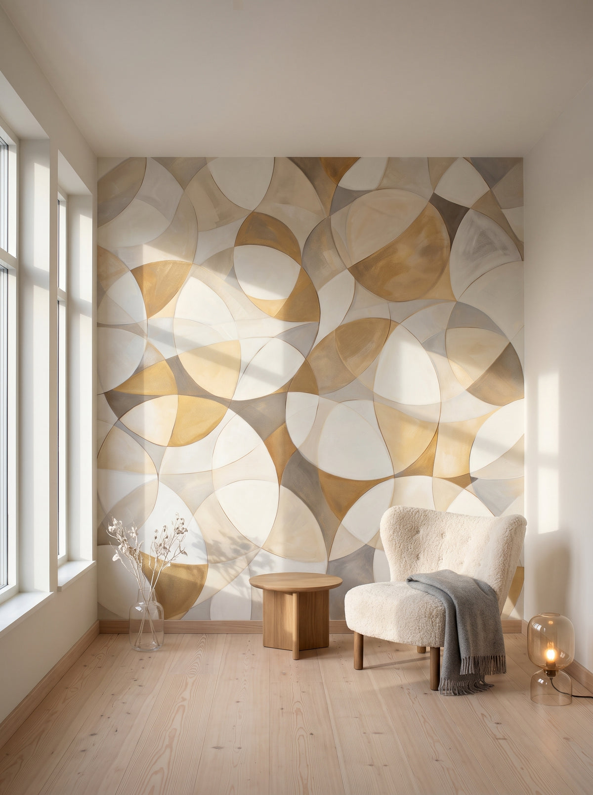 Fototapeta artystyczna o nazwie GOLDEN VORTEX MOSAIC w aranżacji wnętrza: kącik do czytania w skandynawskiej willi.