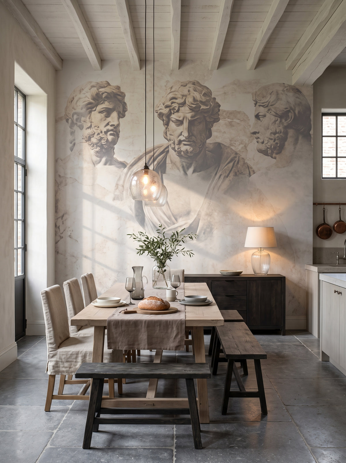 Carta da parati artistica «Thoughtful Heraclitus» in un interno: cucina con zona pranzo in una casa di campagna belga.
