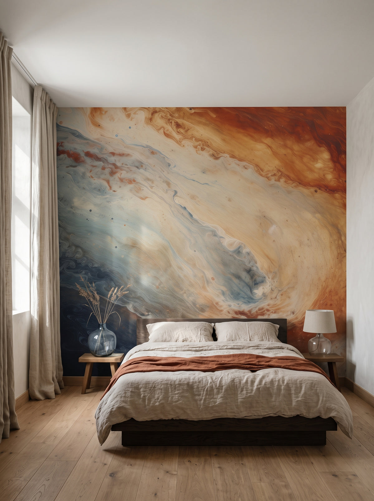 Fototapeta artystyczna o nazwie Jupiter's Storm #2 w aranżacji wnętrza: sypialnia wabi-sabi z tynkiem wapiennym.