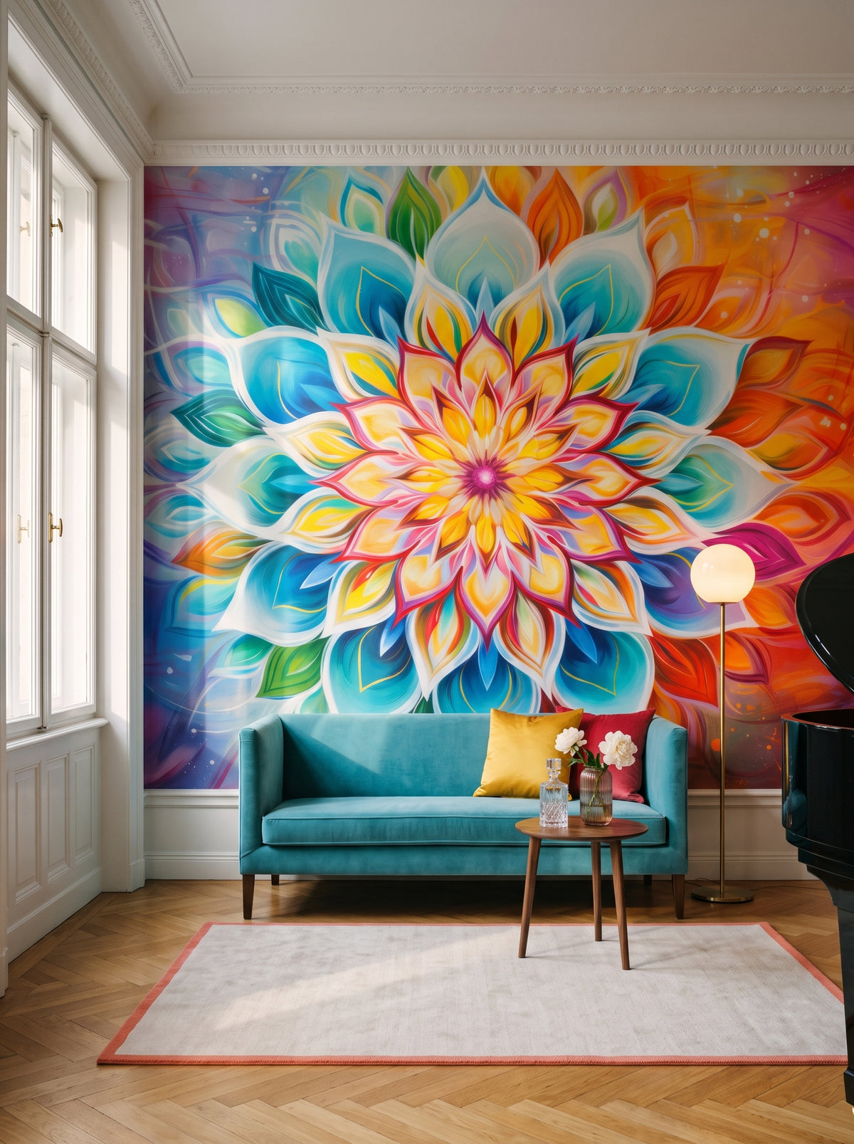 Fototapeta artystyczna o nazwie Vibrant Lotus w aranżacji wnętrza: pokój muzyczny w wiedeńskiej kamienicy.