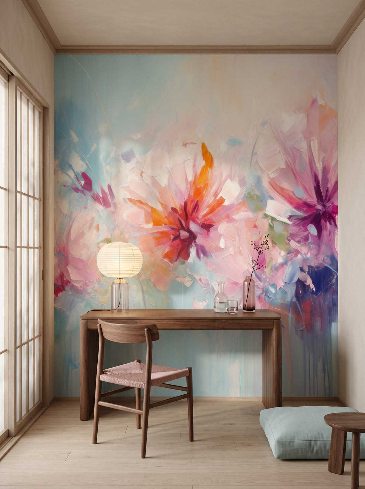 Fototapeta artystyczna o nazwie Blushing Floral Delicacy w aranżacji wnętrza: prywatny gabinet w stylu japandi.