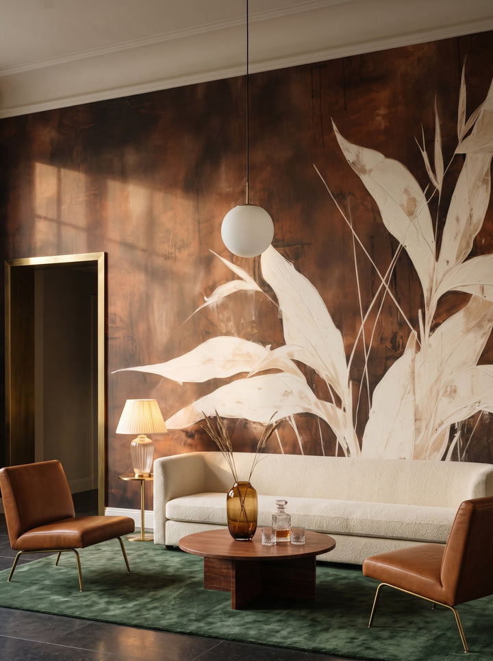 Fototapeta artystyczna o nazwie Whispers of Fall w aranżacji wnętrza: lobby lounge w butikowym hotelu designerskim.
