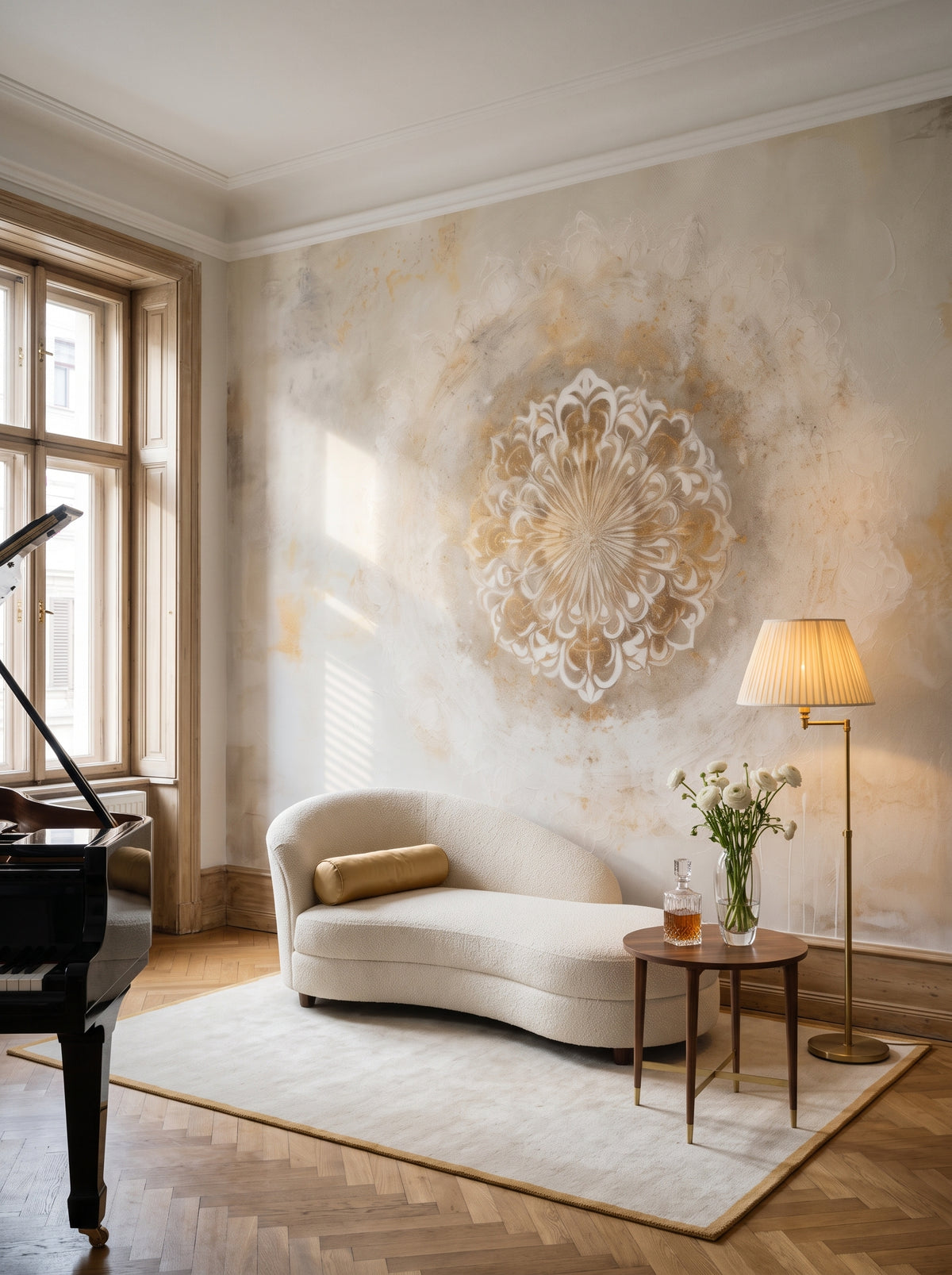 Fototapeta artystyczna o nazwie Celestial Elegance w aranżacji wnętrza: salon muzyczny w wiedeńskiej kamienicy.