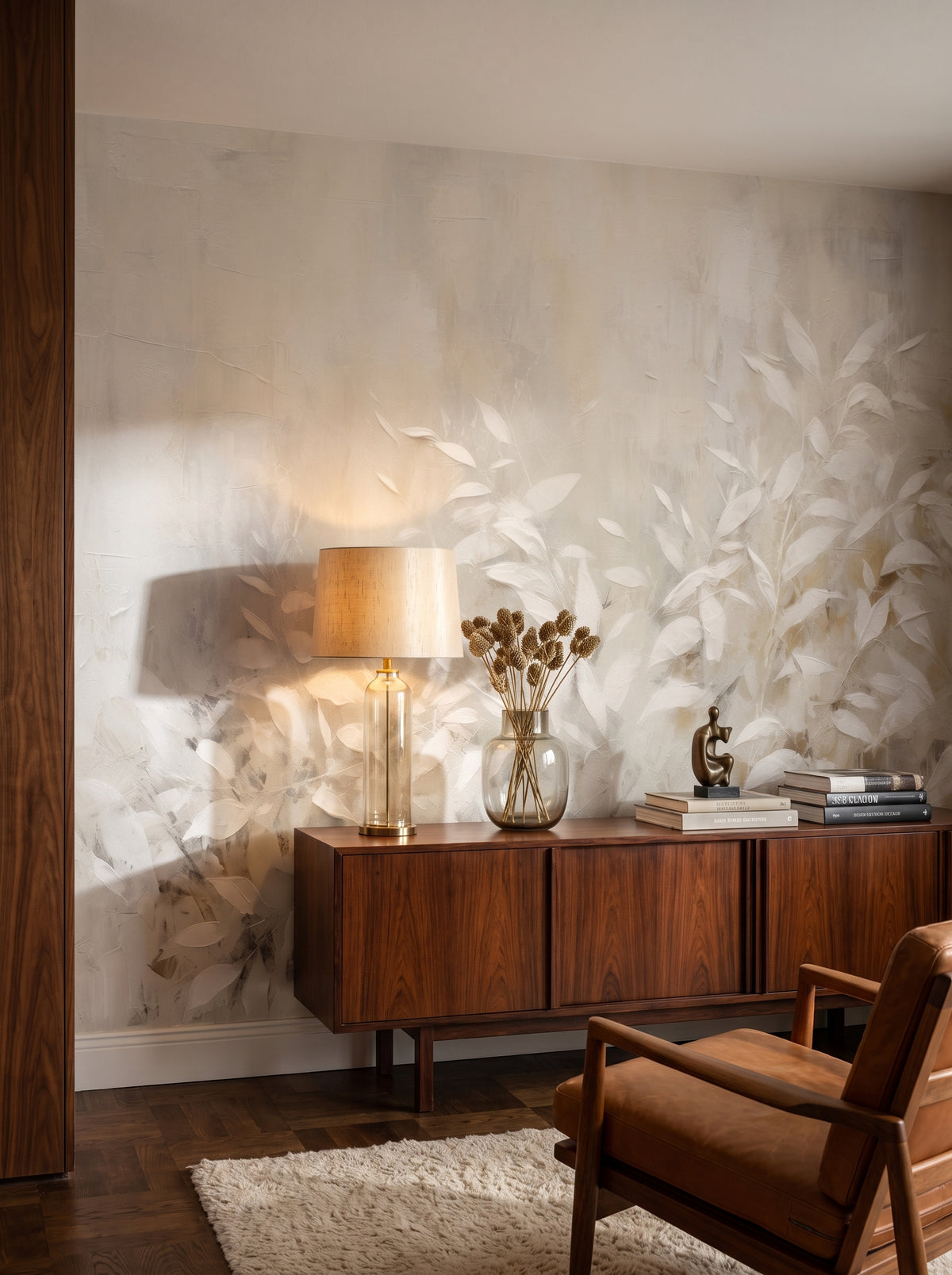 Fototapeta artystyczna o nazwie White Foliage Whispers w aranżacji wnętrza: salon kolekcjonera, mid-century.