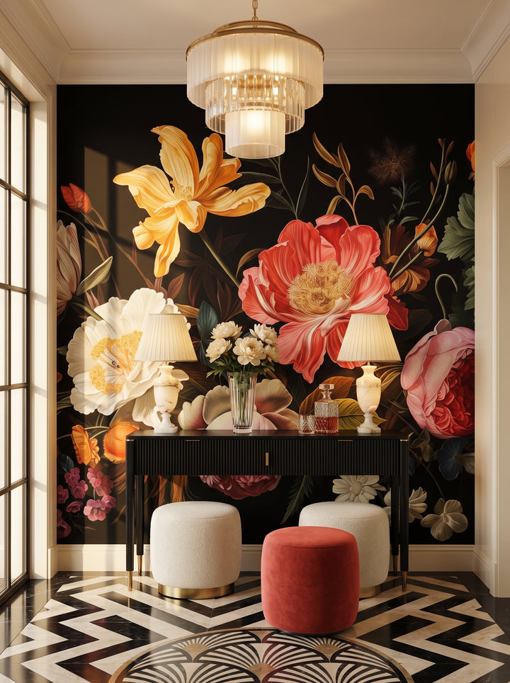 Fototapeta artystyczna o nazwie Baroque Floral Richness w aranżacji wnętrza: galeria wejściowa w apartamencie art déco.