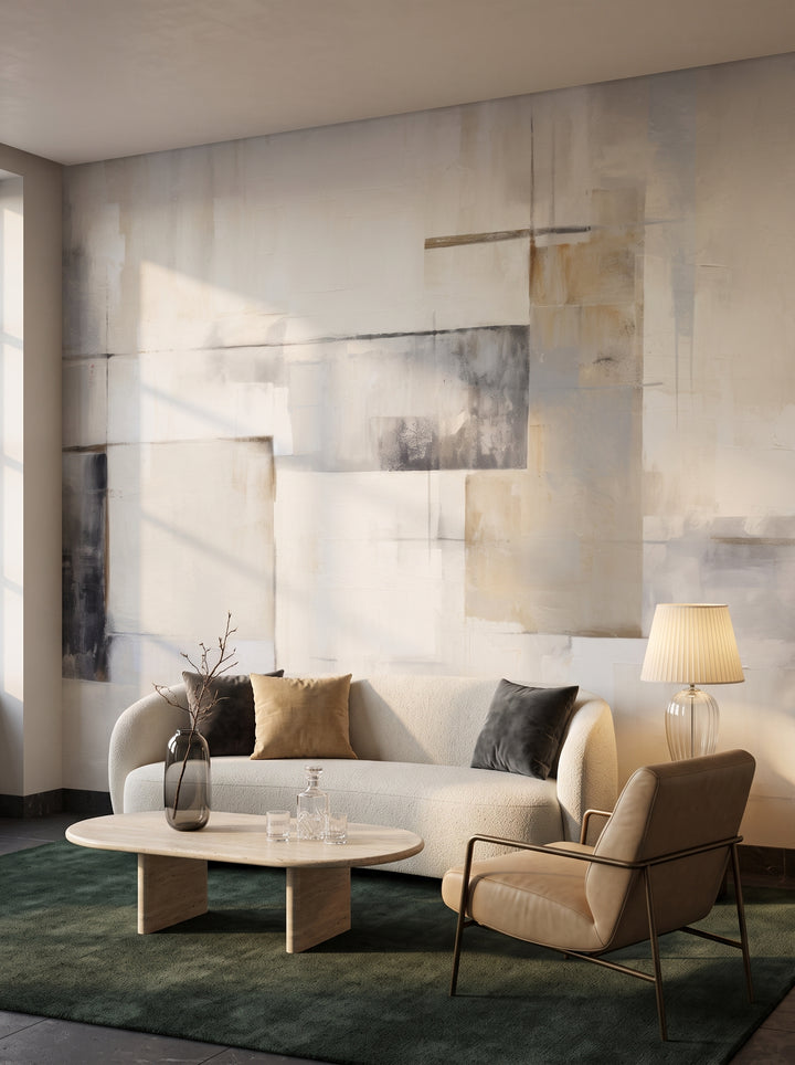 Fototapeta artystyczna o nazwie Geometric Calm w aranżacji wnętrza: lobby lounge w butikowym hotelu designerskim.