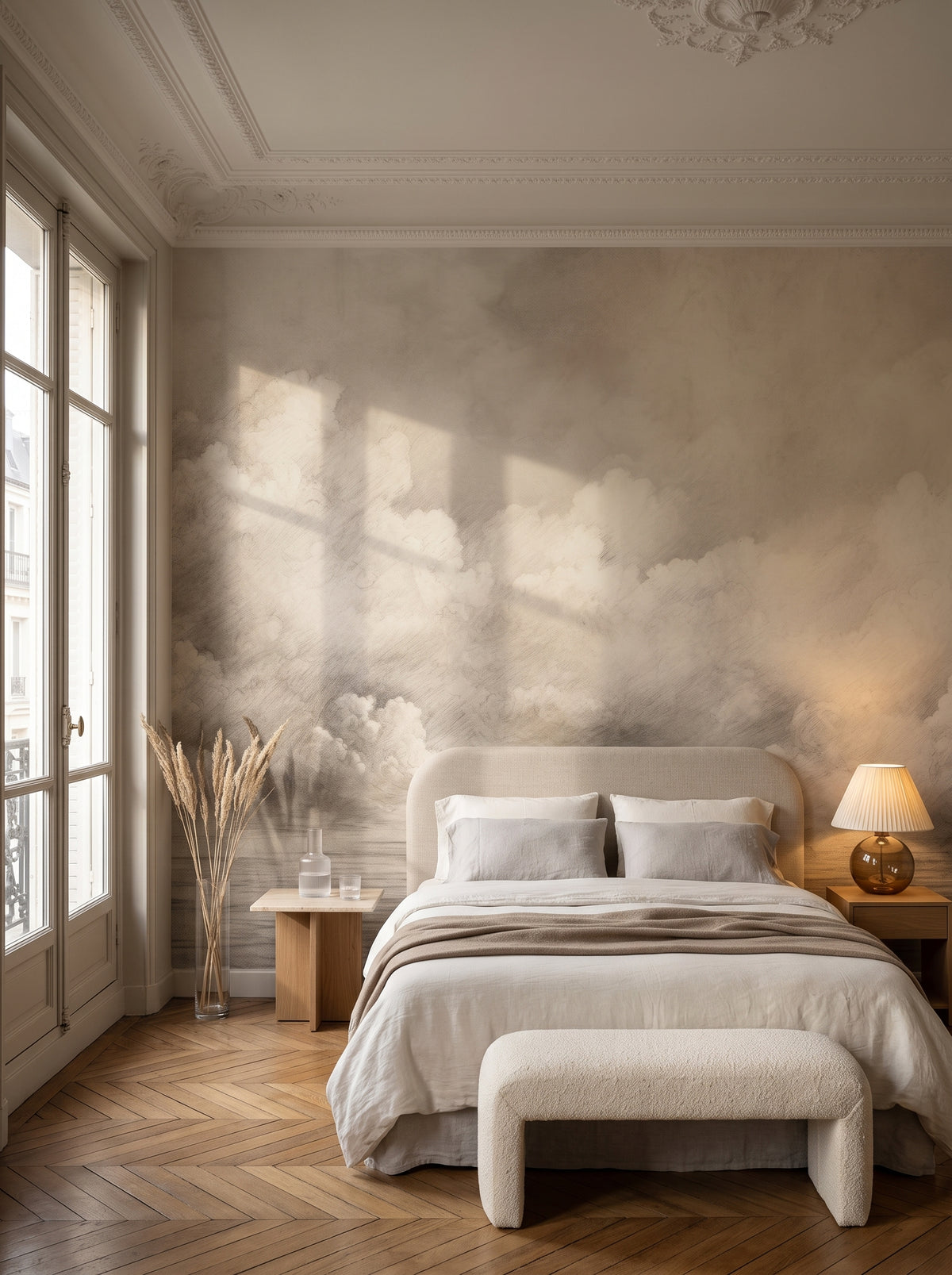 Künstlerische Fototapete „SEPIA TEMPEST AURA“ im Interieur: Schlafzimmer in einem Pariser Haussmann-Apartment.