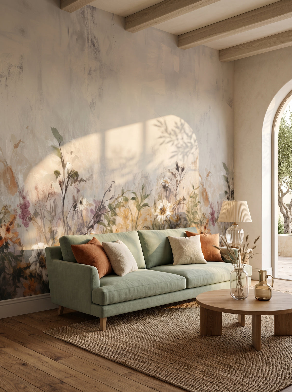 Fototapeta artystyczna o nazwie Faded Wildflowers w aranżacji wnętrza: salon w wyrafinowanym stylu boho z łukowym wyjściem na taras.