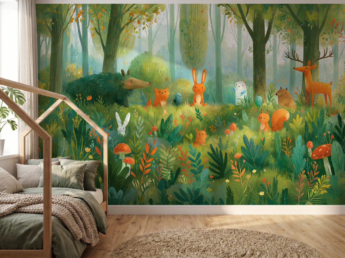 MOSSY GLADE - leśna polana ze zwierzętami w akwareli — KIDS — Pokój dziecięcy 02