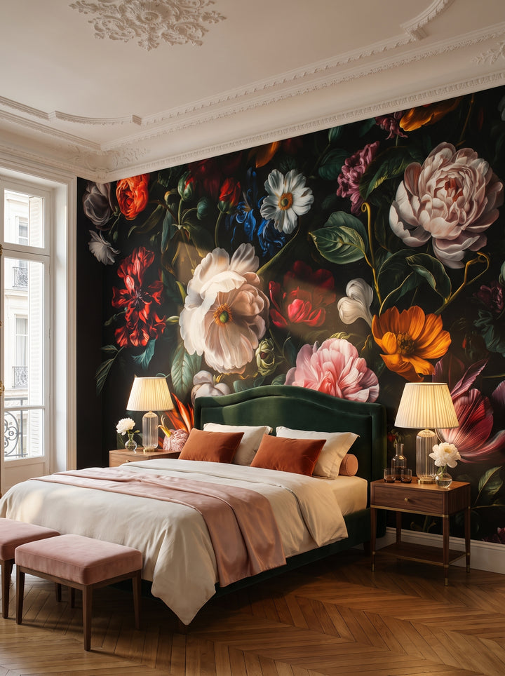 Fototapeta artystyczna o nazwie Midnight Floral Drama w aranżacji wnętrza: sypialnia w paryskim apartamencie haussmannowskim.