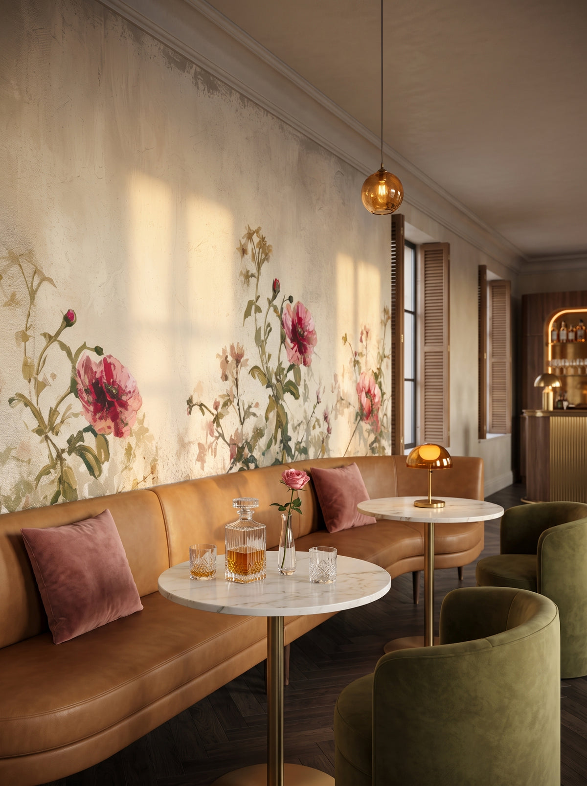 Fototapeta artystyczna o nazwie Antique Rose Garden w aranżacji wnętrza: bar lounge w butikowym hotelu.