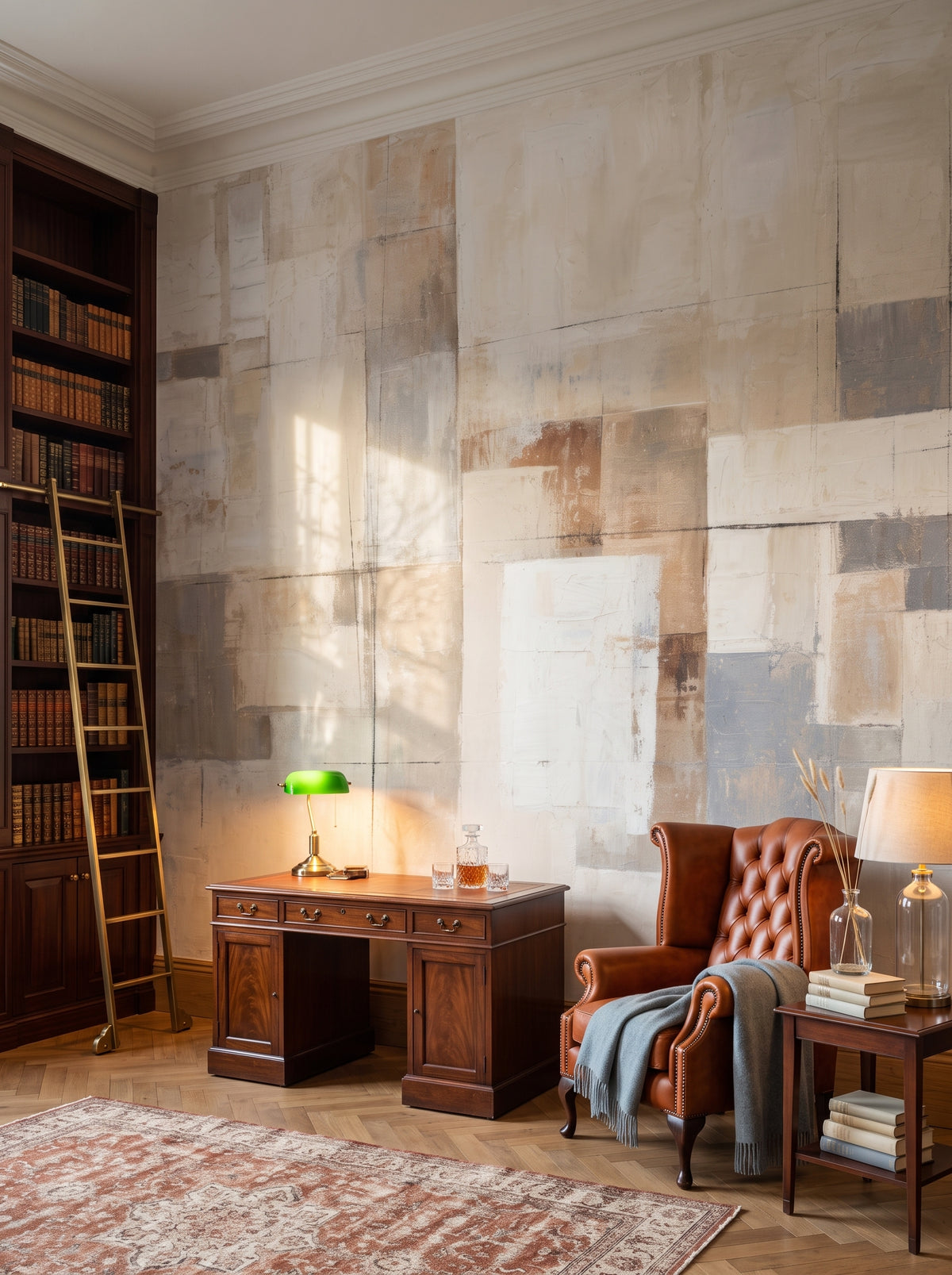 Fototapeta artystyczna o nazwie Layered Tranquility w aranżacji wnętrza: prywatna biblioteka w stylu angielskiego klubu.