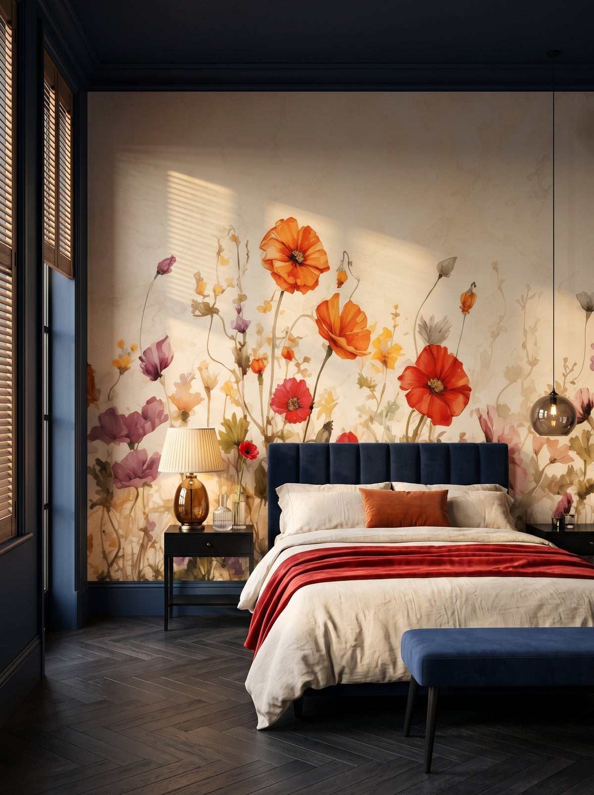 Fototapeta artystyczna o nazwie Field of Poppies w aranżacji wnętrza: ciemna sypialnia w hotelu butikowym.