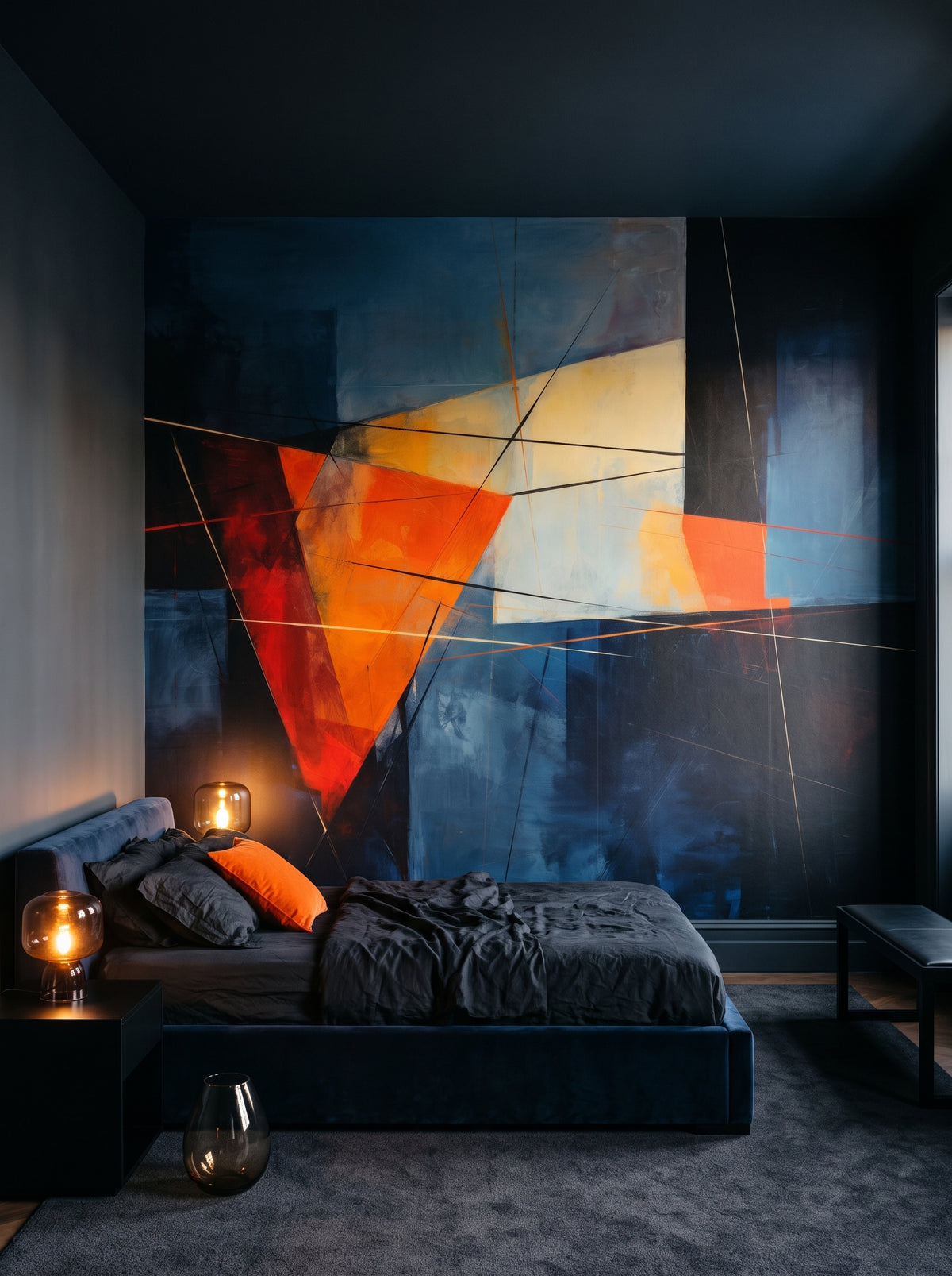 Fototapeta artystyczna o nazwie Triangular Harmony #2 w aranżacji wnętrza: ciemna, otulająca sypialnia w hotelu projektanckim.