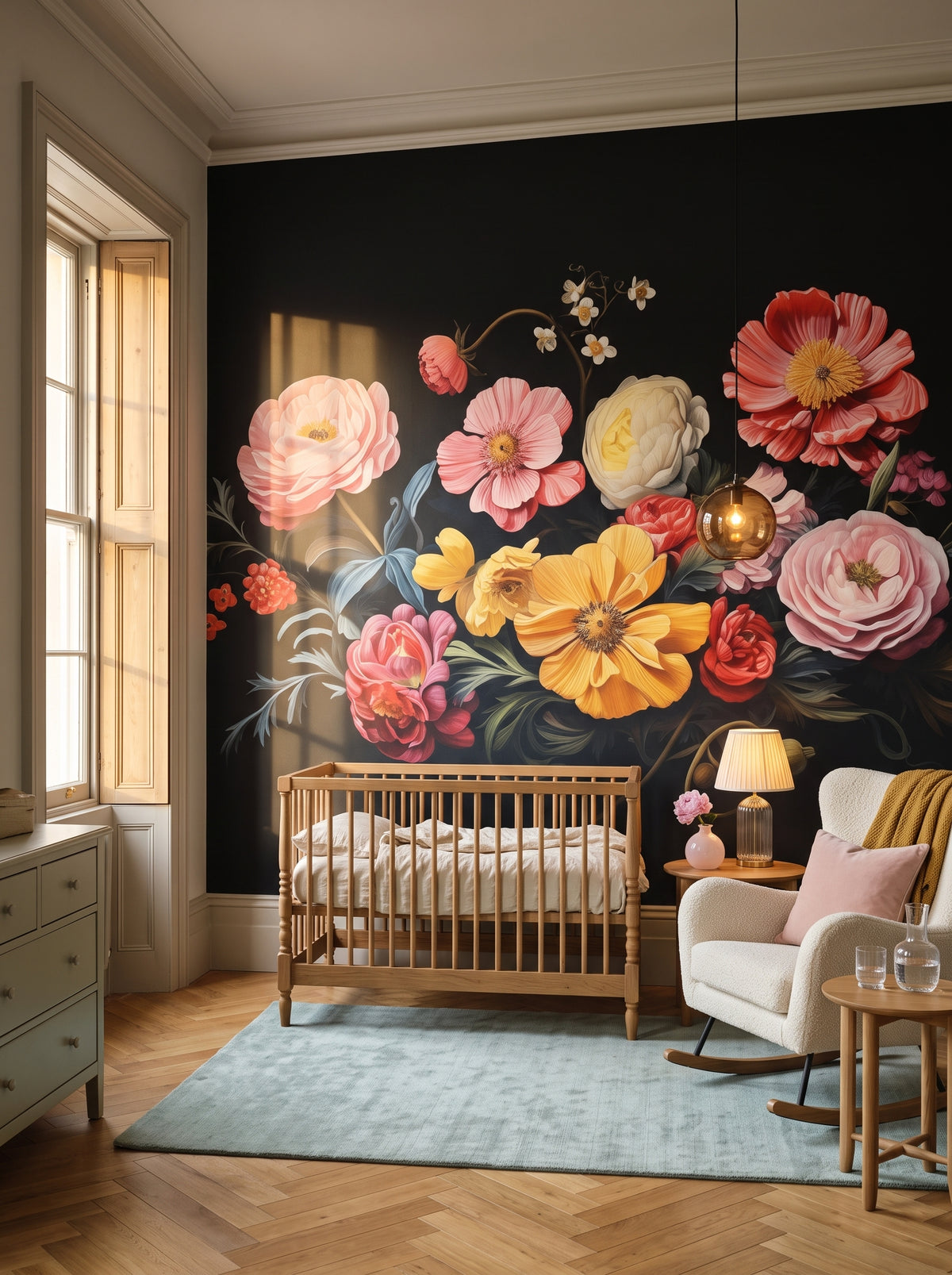 Fototapeta artystyczna o nazwie Floral Renaissance w aranżacji wnętrza: elegancki pokój dziecięcy w kamienicy.